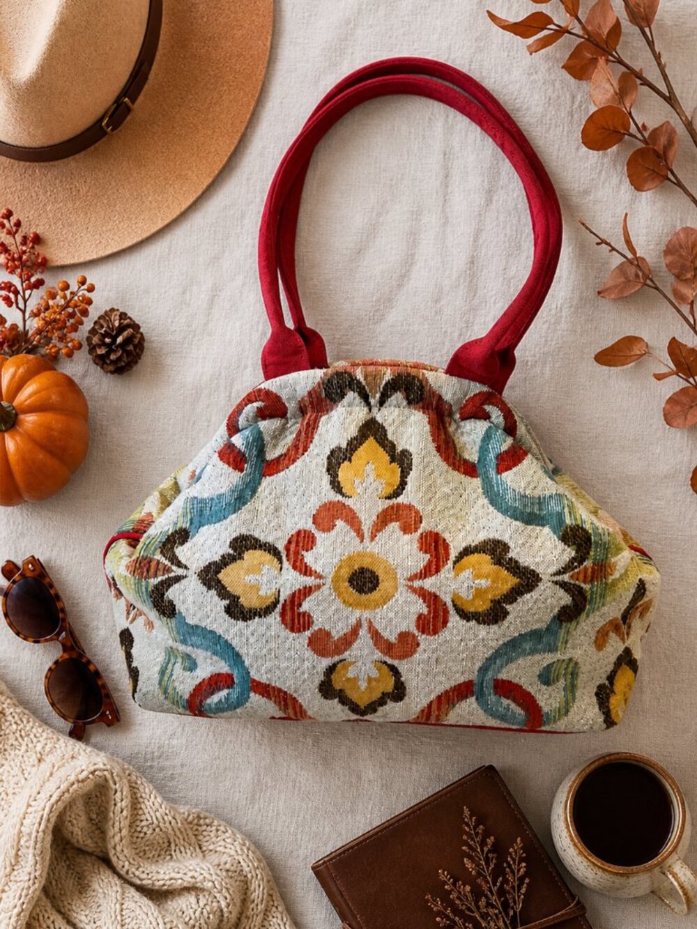 Atenti Tapestry Handbag Floral Carpet Bag Red Handles USA Made